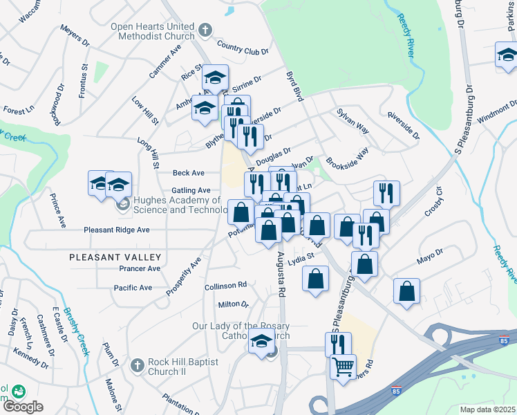 map of restaurants, bars, coffee shops, grocery stores, and more near 3214 Augusta Street in Greenville