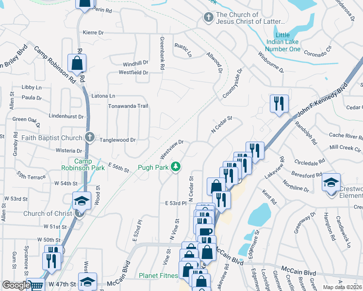 map of restaurants, bars, coffee shops, grocery stores, and more near 19 North Endsquick Court in North Little Rock