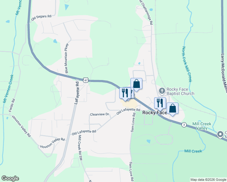 map of restaurants, bars, coffee shops, grocery stores, and more near 2747 Chattanooga Road in Rocky Face