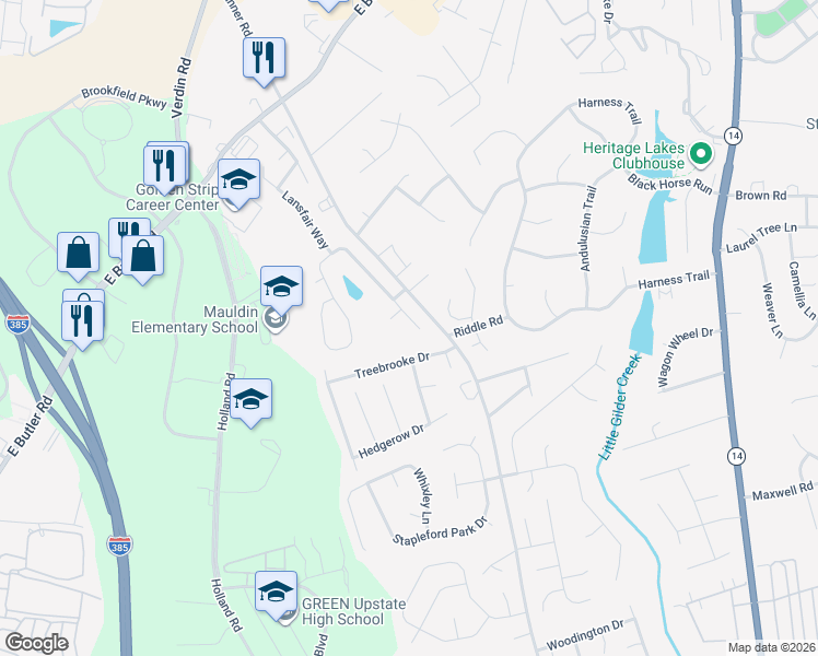 map of restaurants, bars, coffee shops, grocery stores, and more near 204 Branchester Court in Greenville