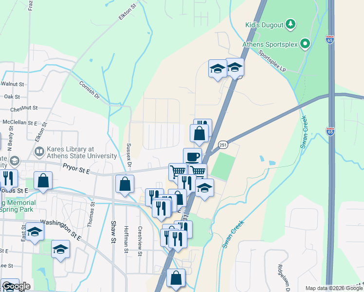 map of restaurants, bars, coffee shops, grocery stores, and more near 1201 Pryor Street in Athens