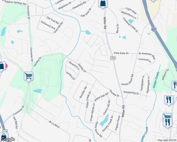 map of restaurants, bars, coffee shops, grocery stores, and more near 414 Hamby Drive in Greenville