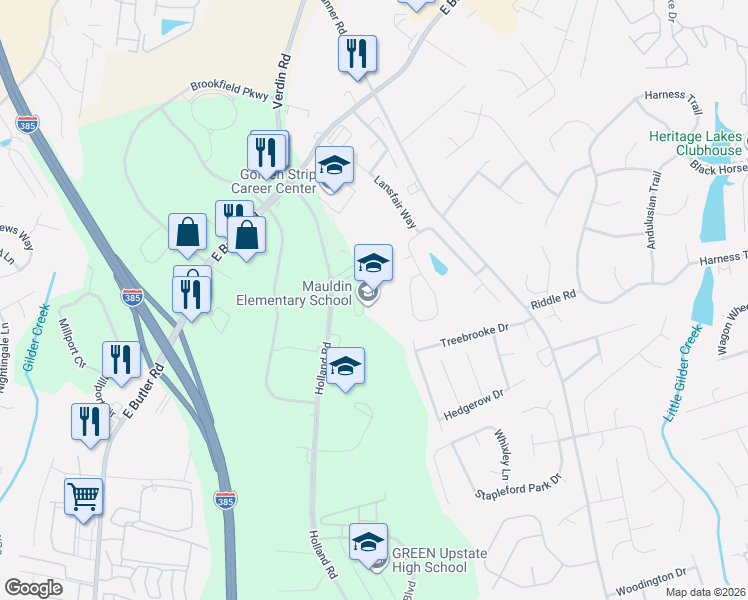map of restaurants, bars, coffee shops, grocery stores, and more near 1194 Holland Road in Simpsonville