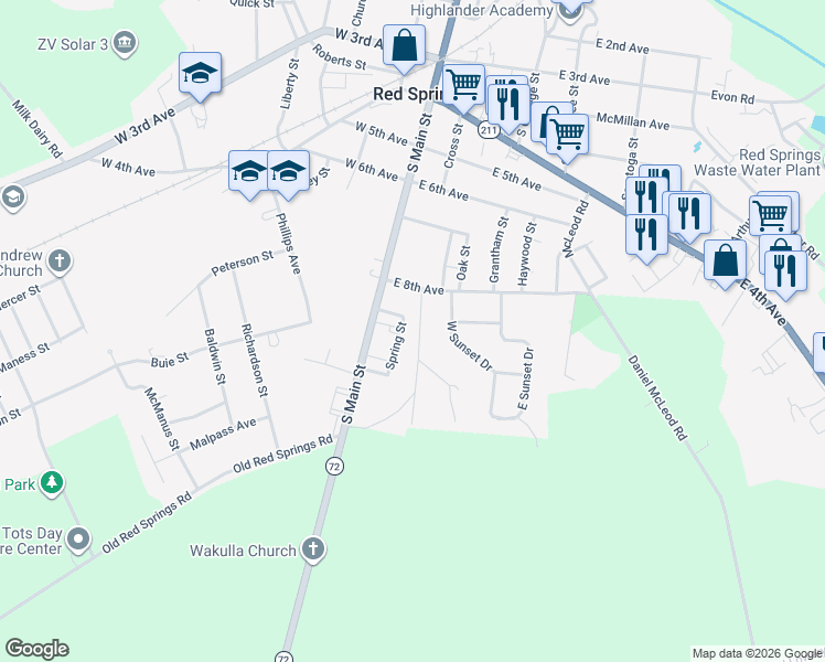 map of restaurants, bars, coffee shops, grocery stores, and more near 103 Spring Street in Red Springs