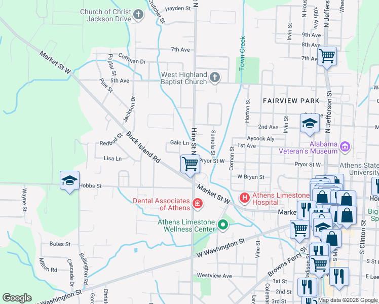 map of restaurants, bars, coffee shops, grocery stores, and more near 307 Hine Street South in Athens