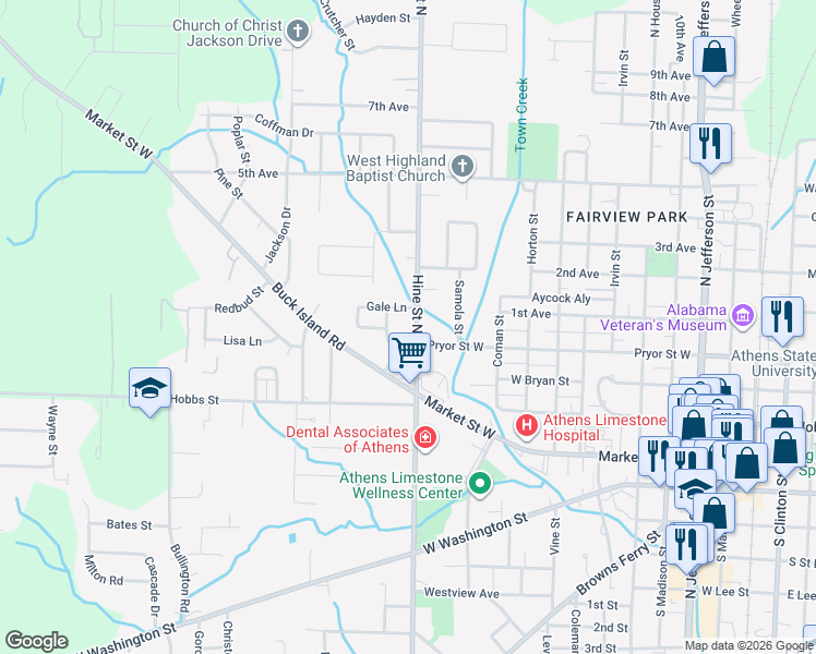 map of restaurants, bars, coffee shops, grocery stores, and more near 307 Hine Street South in Athens
