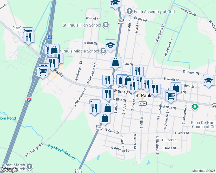 map of restaurants, bars, coffee shops, grocery stores, and more near 508 West Broad Street in Saint Pauls