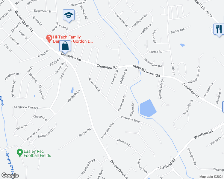 map of restaurants, bars, coffee shops, grocery stores, and more near 117 Kennedy Street in Easley