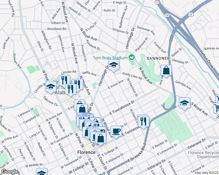 map of restaurants, bars, coffee shops, grocery stores, and more near 508 E Irvine Ave in Florence