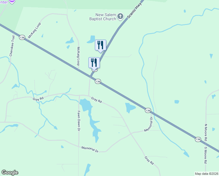 map of restaurants, bars, coffee shops, grocery stores, and more near 12566 Georgia 136 in Rising Fawn