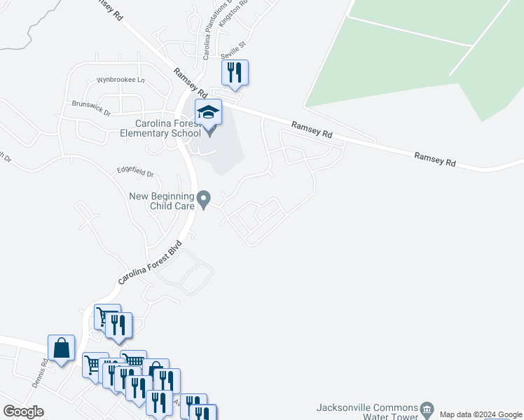 map of restaurants, bars, coffee shops, grocery stores, and more near 308 Ashwood Drive in Jacksonville