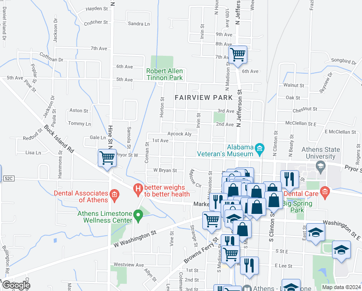 map of restaurants, bars, coffee shops, grocery stores, and more near 711 1st Avenue in Athens