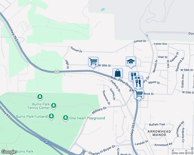 map of restaurants, bars, coffee shops, grocery stores, and more near 5710 Sorenson Street in North Little Rock