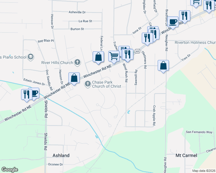 map of restaurants, bars, coffee shops, grocery stores, and more near 1708 Winchester Road Northeast in Huntsville