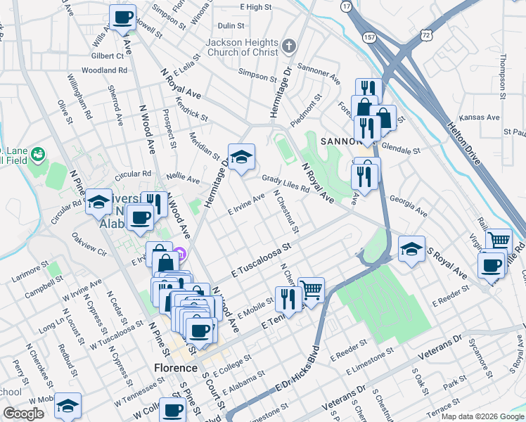map of restaurants, bars, coffee shops, grocery stores, and more near 500-598 North Cherry Street in Florence