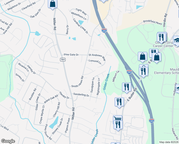 map of restaurants, bars, coffee shops, grocery stores, and more near 323 Smith Hines Road in Greenville