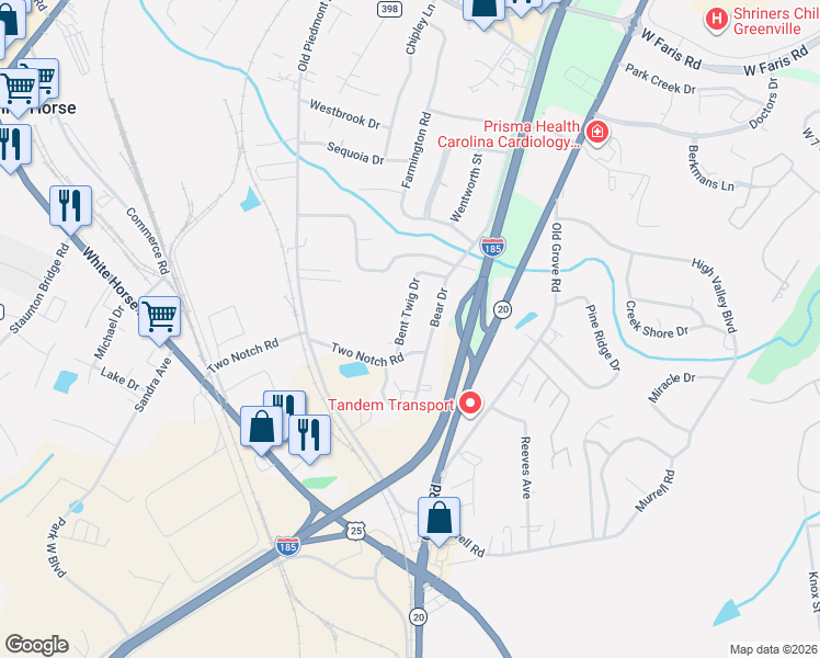map of restaurants, bars, coffee shops, grocery stores, and more near 6 Bent Twig Drive in Greenville