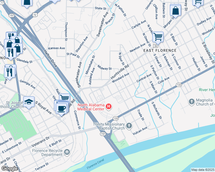 map of restaurants, bars, coffee shops, grocery stores, and more near 200-298 Marietta Street in Florence