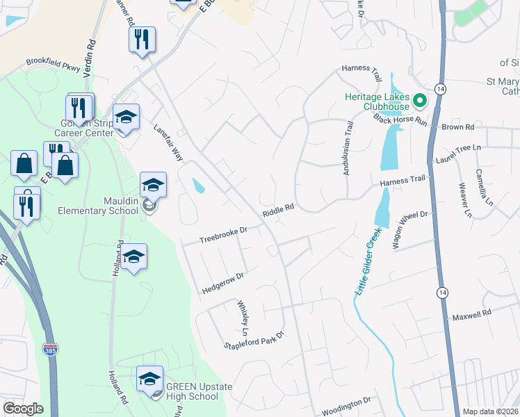 map of restaurants, bars, coffee shops, grocery stores, and more near 5 Anson Court in Simpsonville