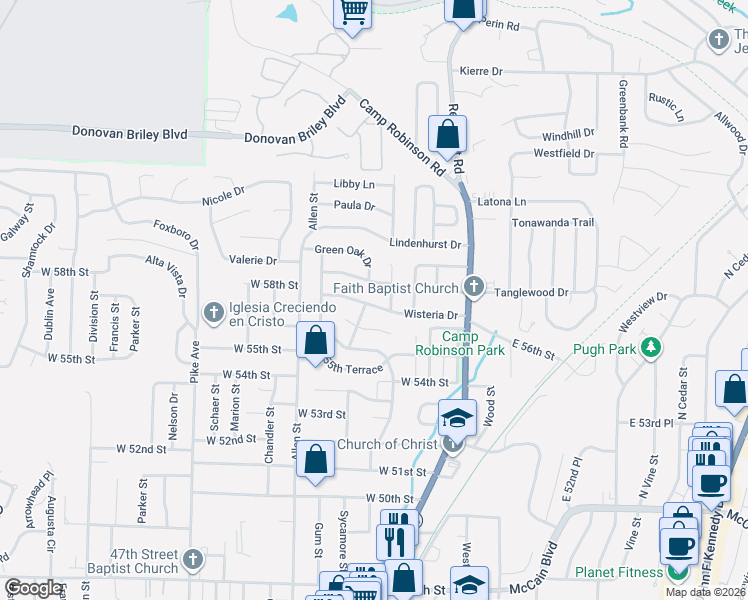 map of restaurants, bars, coffee shops, grocery stores, and more near 5701 Wisteria Court in North Little Rock