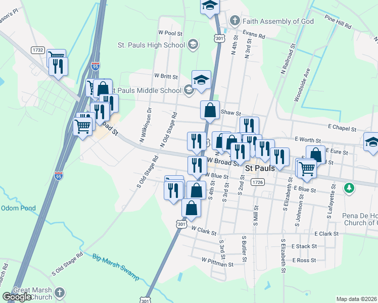map of restaurants, bars, coffee shops, grocery stores, and more near 508 West Broad Street in St. Pauls