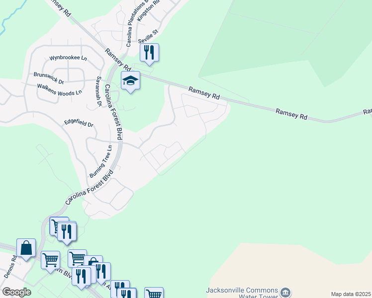map of restaurants, bars, coffee shops, grocery stores, and more near 100 Springwood Drive in Jacksonville
