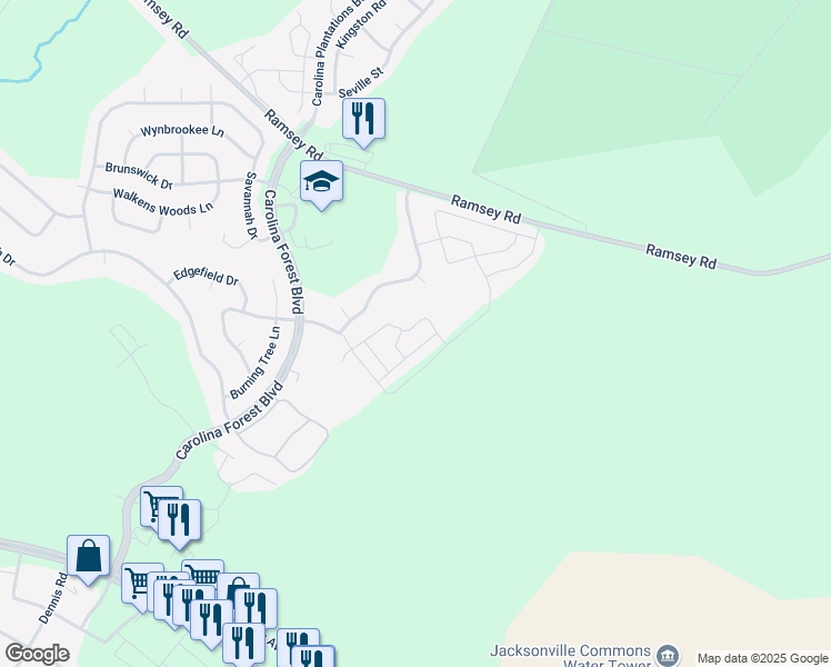 map of restaurants, bars, coffee shops, grocery stores, and more near 507 Springwood Drive in Jacksonville