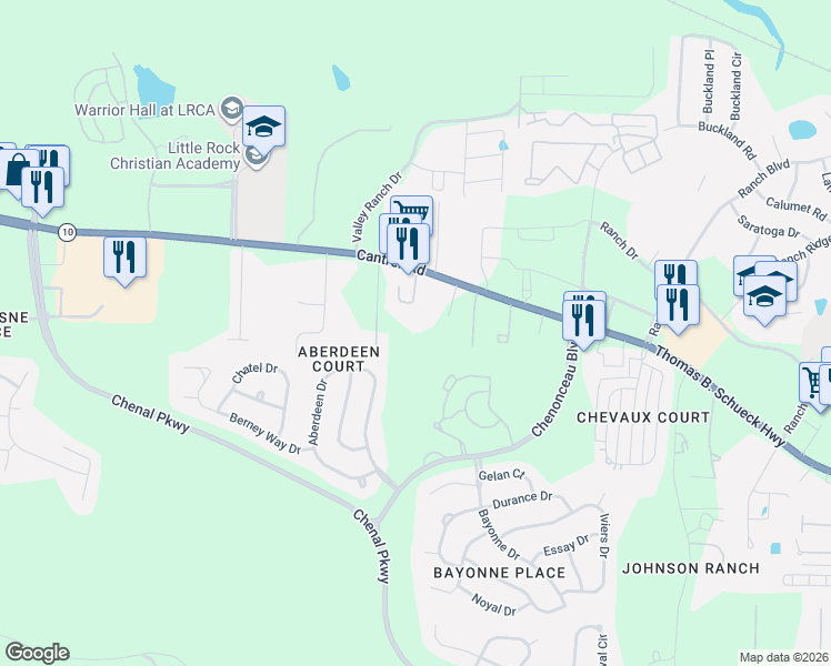 map of restaurants, bars, coffee shops, grocery stores, and more near 6002 Becknell Lane in Little Rock