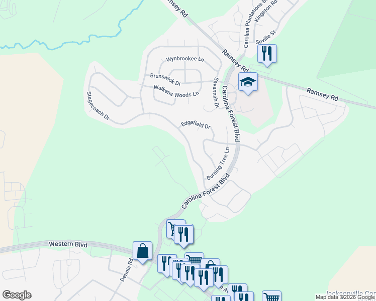 map of restaurants, bars, coffee shops, grocery stores, and more near 215 Stagecoach Drive in Jacksonville
