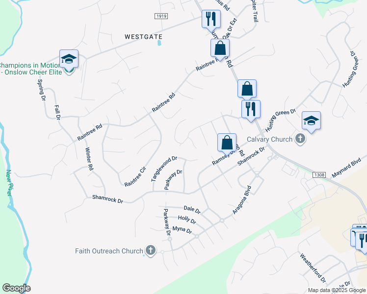 map of restaurants, bars, coffee shops, grocery stores, and more near 309 Cedar Creek Drive in Jacksonville