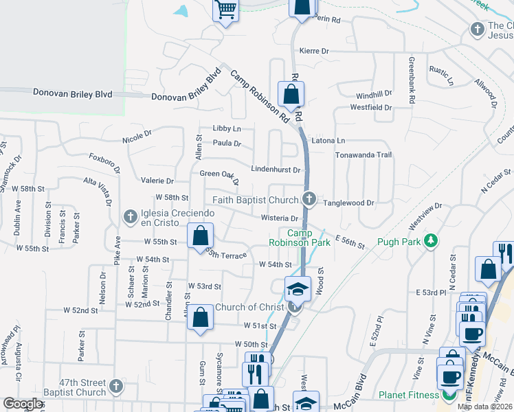 map of restaurants, bars, coffee shops, grocery stores, and more near 5701 Wisteria Court in North Little Rock