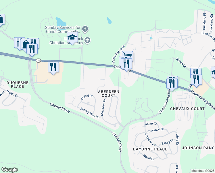 map of restaurants, bars, coffee shops, grocery stores, and more near 45 Aberdeen Drive in Little Rock