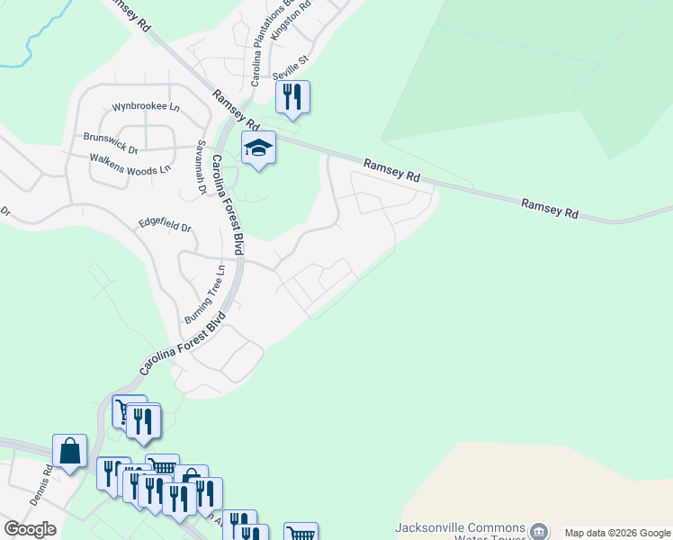 map of restaurants, bars, coffee shops, grocery stores, and more near 501 Streamwood Drive in Jacksonville