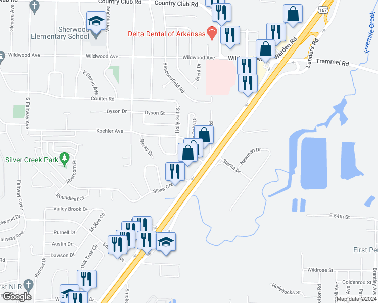 map of restaurants, bars, coffee shops, grocery stores, and more near 202 Shadow Oaks Drive in Sherwood