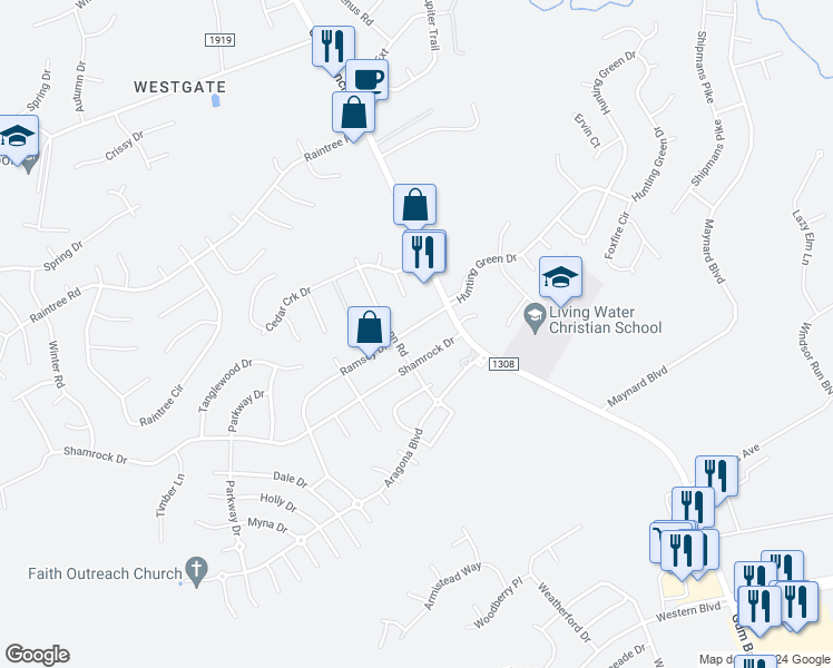 map of restaurants, bars, coffee shops, grocery stores, and more near 109 Ramsey Drive in Jacksonville