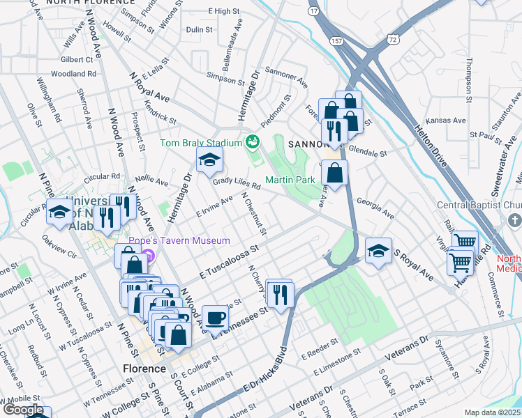 map of restaurants, bars, coffee shops, grocery stores, and more near 433 North Chestnut Street in Florence