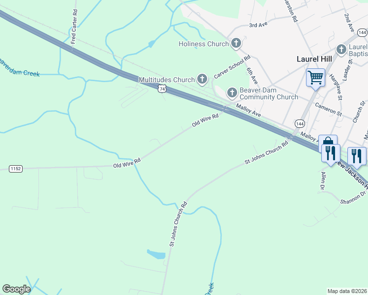 map of restaurants, bars, coffee shops, grocery stores, and more near 7820 Old Wire Road in Laurel Hill