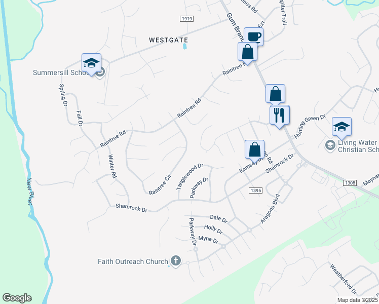 map of restaurants, bars, coffee shops, grocery stores, and more near 184 Raintree Circle in Jacksonville