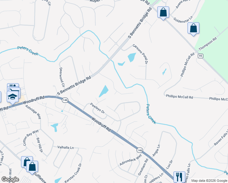 map of restaurants, bars, coffee shops, grocery stores, and more near 6 Cleyera Court in Simpsonville