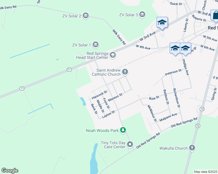 map of restaurants, bars, coffee shops, grocery stores, and more near 2 Graham Street in Red Springs