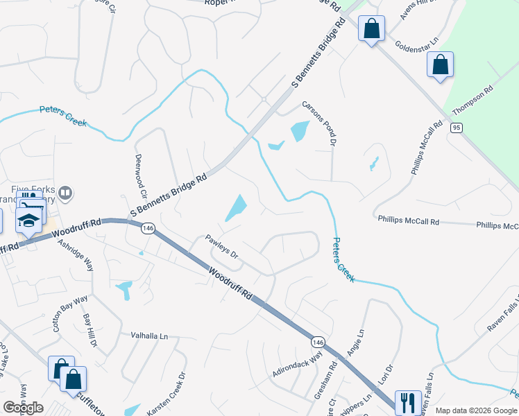 map of restaurants, bars, coffee shops, grocery stores, and more near 6 Cleyera Court in Simpsonville