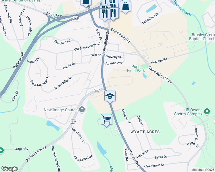 map of restaurants, bars, coffee shops, grocery stores, and more near in Easley