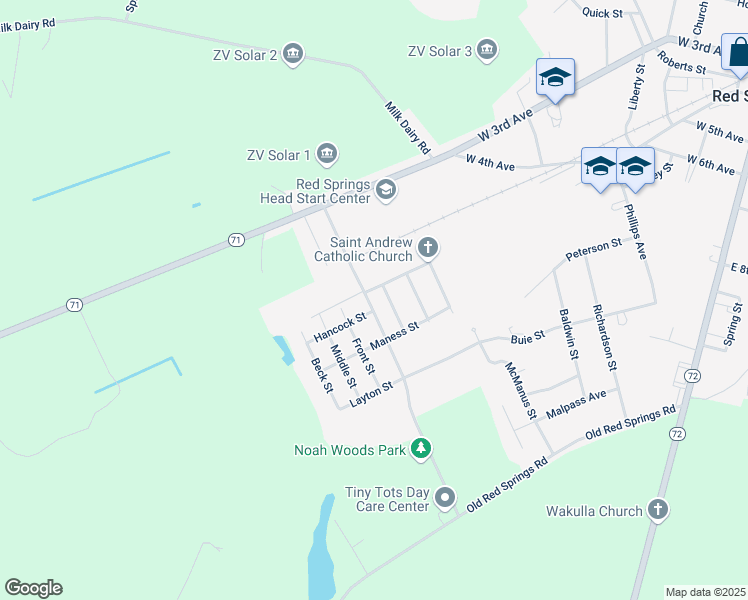 map of restaurants, bars, coffee shops, grocery stores, and more near 2 Graham Street in Red Springs