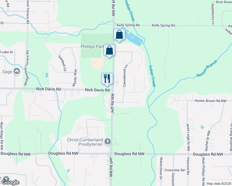 map of restaurants, bars, coffee shops, grocery stores, and more near 1763 Jeff Road Northwest in Huntsville