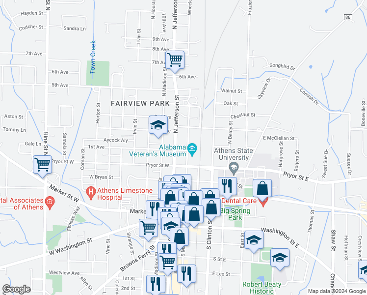 map of restaurants, bars, coffee shops, grocery stores, and more near 412 North Jefferson Street in Athens
