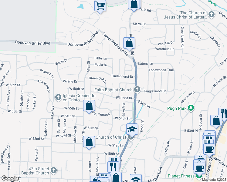 map of restaurants, bars, coffee shops, grocery stores, and more near 5701 Wisteria Court in North Little Rock