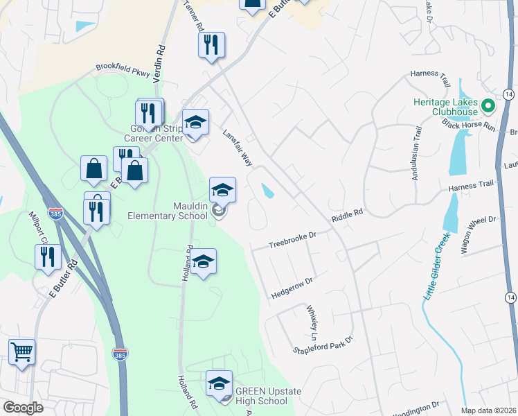 map of restaurants, bars, coffee shops, grocery stores, and more near 302 Surrywood Drive in Greenville