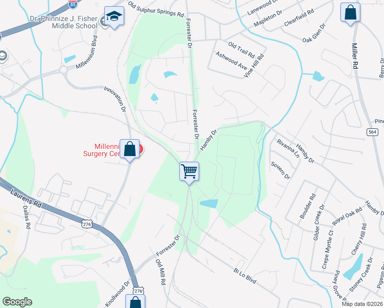 map of restaurants, bars, coffee shops, grocery stores, and more near 220 Forrester Drive in Greenville