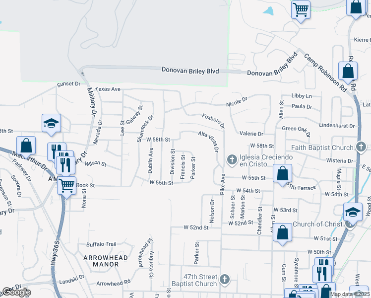 map of restaurants, bars, coffee shops, grocery stores, and more near 5612 Division Street in North Little Rock