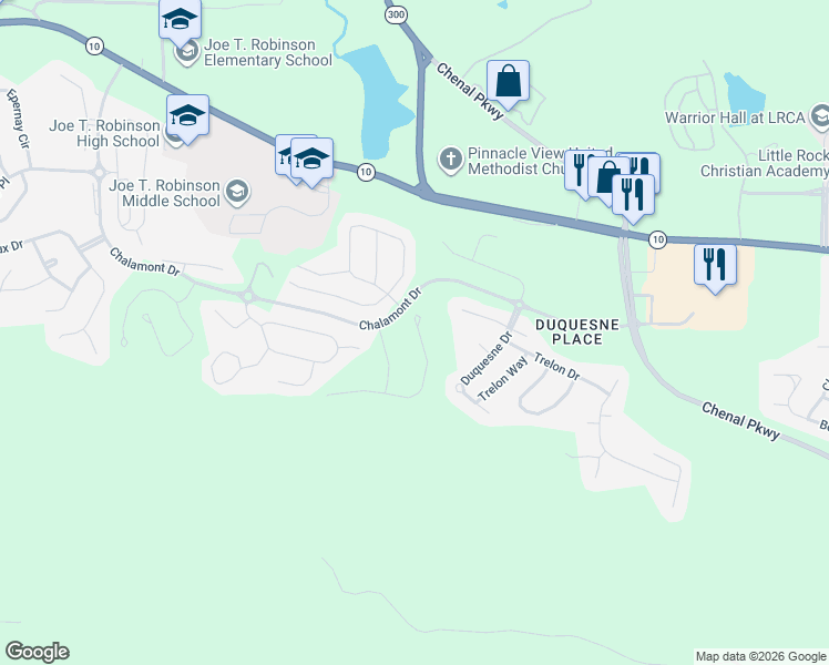 map of restaurants, bars, coffee shops, grocery stores, and more near 30 Duquesne Drive in Little Rock